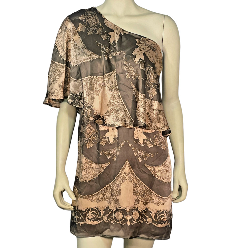 Voom Joy Han Sz XS One-Shoulder Mini Dress Asymmetrical Ruffle Silk Scarf Print